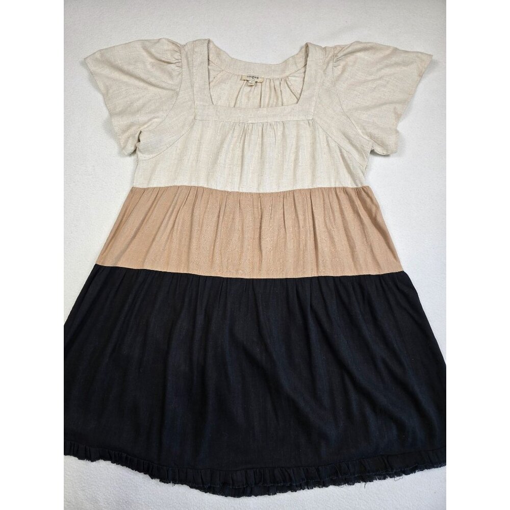 Umgee Color Block Dress S Linen Blend Short Sleeve Boho Cottage Core
